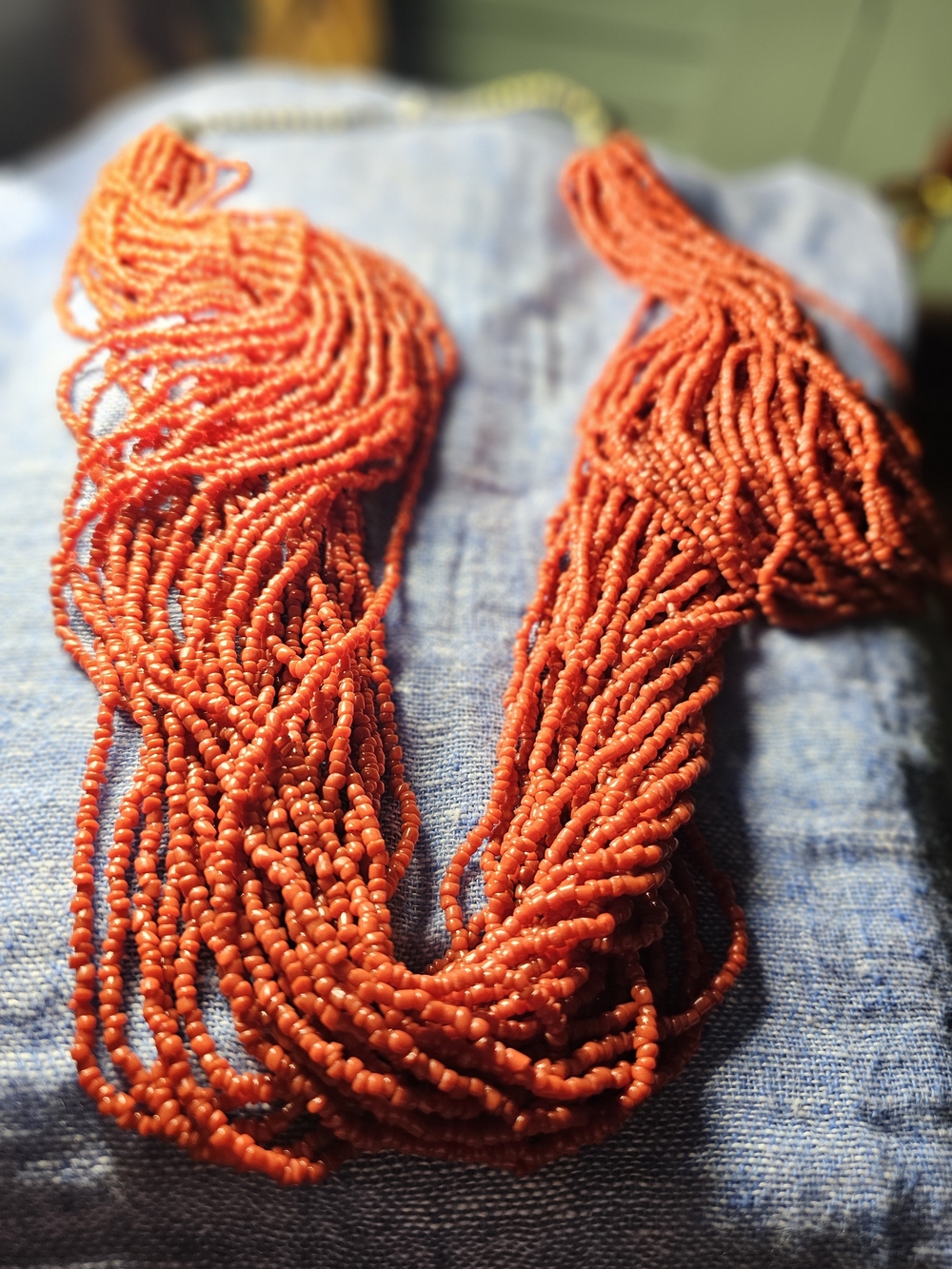 BOHO Handmade Multi-Strand Coral-Red Seed Bead Necklace Large Statement